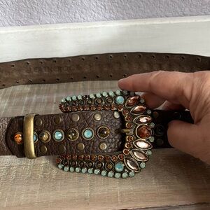 Cool Leatherock Brown Leather Belt w/ Gems, Brass & rhinestones Accents 28-32